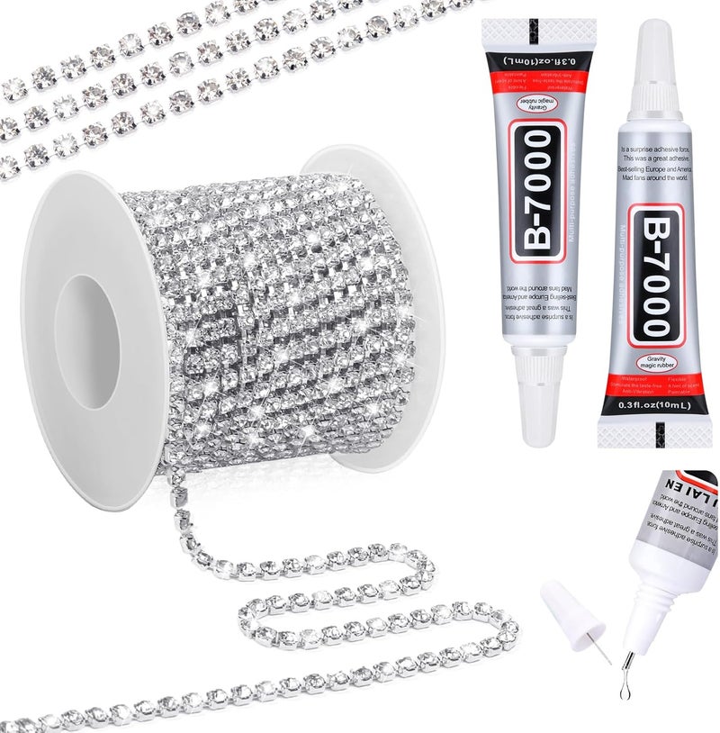 LifeisLuck Crystal Rhinestone Close Chain Trim with B7000 Jewelry Glue, 11 Yards 4MM Silver with Clear Beads B-7000 Glue Rhinestones Chain for Crafts Sewing DIY Jewelry Wedding Decoration Sewing Beaded Trim - Image 1